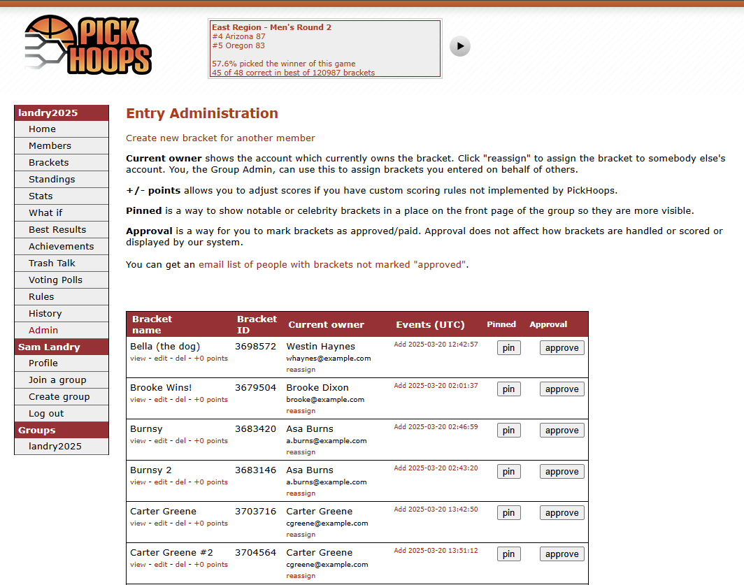 This page shows how administrators can monitor the brackets of group members.